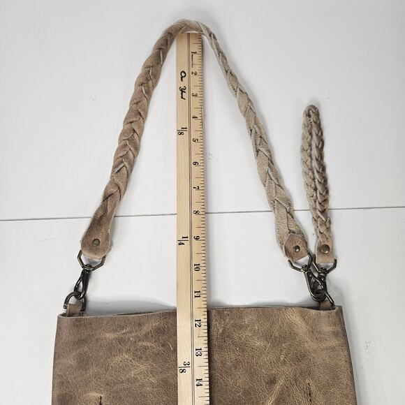 Holy Cow Couture Distressed Grey Tan Leather Feed Bucket Bag Shoulder Purse - Picture 9 of 11